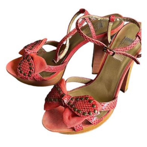 JLO Coral Color High Heels Fabric & Snakeskin Ankle Strap, Size 7 - Picture 3 of 9